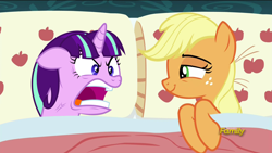 Size: 1920x1080 | Tagged: safe, edit, edited screencap, screencap, applejack, starlight glimmer, earth pony, pony, 28 pranks later, applejack's bed partner, bed, exploitable meme, female, glimmerjack, lesbian, meme, pillow, ragelight glimmer, vein bulge