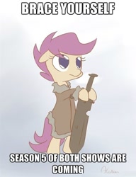 Size: 500x651 | Tagged: safe, artist:alasou, derpibooru import, scootaloo, season 5, a song of ice and fire, brace yourselves, crossover, eddard stark, exploitable, exploitable meme, game of thrones, image macro, meme, ponified, solo, winter is coming
