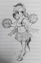 Size: 847x1280 | Tagged: safe, artist:glacierclear, derpibooru import, rainbow dash, anthro, unguligrade anthro, alternate hairstyle, belly button, cheerleader, clothes, lined paper, midriff, monochrome, pigtails, pom pom, sketch, skirt, solo, traditional art