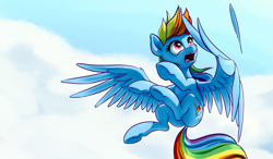 Size: 2557x1496 | Tagged: safe, artist:nadnerbd, derpibooru import, rainbow dash, pegasus, pony, cloud, cloudy, dock, flying, looking up, open mouth, reaction, sky, solo, surprised, underhoof