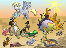 Size: 1920x1413 | Tagged: safe, artist:gegenschein17, derpy hooves, doctor whooves, pegasus, pony, cavemare, female, hyracotherium, mare, prehistoric