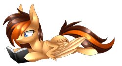 Size: 2852x1551 | Tagged: safe, artist:scarlet-spectrum, oc, oc only, oc:aerion featherquill, pegasus, pony, book, commission, female, mare, prone, reading, simple background, solo, transparent background