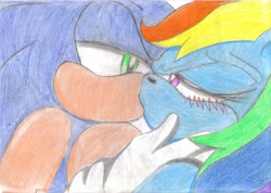 Size: 3493x2482 | Tagged: safe, artist:jcmx, derpibooru import, rainbow dash, anthro, blushing, crossover shipping, female, kissing, male, shipping, sonic the hedgehog (series), sonicdash, straight, traditional art