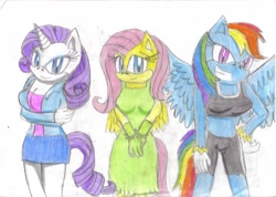 Size: 3493x2491 | Tagged: safe, artist:jcmx, derpibooru import, fluttershy, rainbow dash, rarity, anthro, sonic the hedgehog (series), sonicified, traditional art