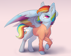 Size: 2000x1589 | Tagged: safe, artist:evehly, rainbow dash, pegasus, pony, :p, clothes, colored wings, colored wingtips, ear piercing, earring, female, hoodie, jewelry, looking at you, mare, multicolored wings, piercing, rainbow wings, raised hoof, solo, tongue out, tongue piercing