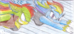 Size: 2491x1164 | Tagged: safe, artist:jcmx, derpibooru import, rainbow dash, oc, oc:niji, anthro, sonic the hedgehog (series), sonicified, traditional art