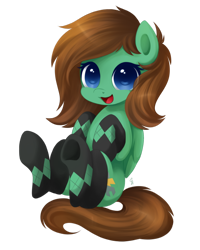 Size: 600x750 | Tagged: safe, artist:exceru-karina, oc, oc only, oc:viridian, pegasus, pony, clothes, colored pupils, commission, cute, grin, happy, sitting, smiling, socks, solo, thigh highs