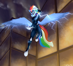 Size: 1500x1347 | Tagged: safe, artist:oneofyouare, derpibooru import, rainbow dash, zapp, anthro, unguligrade anthro, power ponies (episode), female, flying, power ponies, solo, spread wings, wings