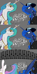 Size: 1280x2559 | Tagged: safe, artist:silfoe, derpibooru import, princess celestia, princess luna, alicorn, pony, epic rap battles of history, horn ring, laughing, rap, rap battle, ring, royal sketchbook, scrunchy face, shutter shades, smiling, sunglasses, tattoo