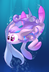 Size: 1181x1748 | Tagged: safe, artist:underpable, derpibooru import, oc, oc only, oc:seatune, original species, shark pony, smiling, solo, swimming, underhoof, underwater