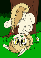 Size: 2116x3000 | Tagged: safe, artist:meowmavi, oc, oc only, oc:rakka, bat pony, pony, cute, explicit source, flower, flower in mouth, mouth hold, under the tree, upside down