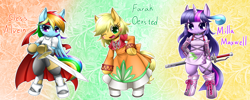 Size: 1750x700 | Tagged: safe, artist:hashioaryut, derpibooru import, applejack, rainbow dash, twilight sparkle, anthro, cless albein, crossover, farah oersted, milla maxwell, pixiv, tales of eternia, tales of phantasia, tales of series, tales of xillia