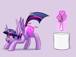 Size: 1024x768 | Tagged: safe, artist:underpable, derpibooru import, twilight sparkle, twilight sparkle (alicorn), alicorn, pony, butt shake, cutie mark magic, derpin daily, face down ass up, female, flower, levitation, literal, looking back, magic, mare, open mouth, plot, pun, smiling, solo, spread wings, telekinesis, twibutt, visual pun, wat, wiggle