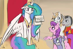 Size: 1280x853 | Tagged: safe, artist:silfoe, derpibooru import, prince blueblood, princess celestia, alicorn, pony, floppy ears, magic, royal sketchbook, spread wings, telekinesis, throne