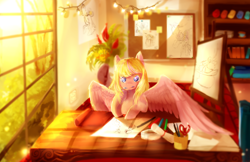 Size: 3600x2329 | Tagged: safe, artist:aquagalaxy, oc, oc only, oc:paradise petal, drawing, solo, wings