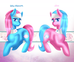 Size: 1657x1380 | Tagged: safe, artist:fourfootedpidgeon, aloe, lotus blossom, earth pony, pony, blue coat, blue mane, female, mare, pink coat, pink mane, siblings, sisters