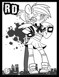 Size: 800x1035 | Tagged: safe, artist:lolopan, derpibooru import, rainbow dash, anthro, alternate hairstyle, bandage, barrette, baseball bat, blood spray, clothes, fingerless gloves, gloves, midriff, miniskirt, monochrome, pleated skirt, ponytail, school uniform, skirt, sneakers, socks, solo, tomboy, zettai ryouiki