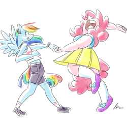 Size: 1200x1200 | Tagged: safe, artist:rwl, derpibooru import, pinkie pie, rainbow dash, anthro, chubby, clothes, converse, dancing, midriff, skirt