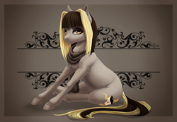 Size: 1950x1350 | Tagged: safe, artist:toffi, edit, editor:linos, oc, oc only, earth pony, pony, blonde, brown hair, clothes, golden eyes, gray, hooves, looking at you, multicolored hair, ornament, scarf, sitting, solo, yin-yang