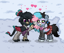 Size: 212x177 | Tagged: safe, oc, oc:caiya, oc:starskipper, bat pony, griffon, pony, ahegao, bat pony oc, boop, cape, clothes, cute, eyes rolling back, heart, jacket, love, open mouth, pony town, ponytail, shipping, skirt, snow, tongue out