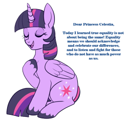 Size: 509x483 | Tagged: safe, artist:lulubell, derpibooru import, twilight sparkle, twilight sparkle (alicorn), colored hooves, dear princess celestia, eyes closed, raised hoof, simple background, sitting, solo, text, transparent background