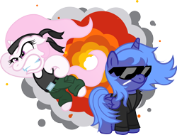 Size: 1934x1467 | Tagged: safe, artist:t-3000, princess celestia, princess luna, alicorn, pony, bandana, cewestia, clothes, cool guys don't look at explosions, cute, explosion, female, filly, gritted teeth, newbie artist training grounds, pink-mane celestia, sunglasses, woona, younger