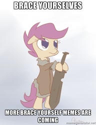 Size: 500x651 | Tagged: safe, artist:alasou, derpibooru import, scootaloo, a song of ice and fire, brace yourselves, caption, crossover, eddard stark, exploitable, exploitable meme, game of thrones, image macro, inception, meme, ponified, solo, winter is coming