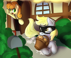 Size: 1444x1180 | Tagged: safe, artist:klemm, carrot top, derpy hooves, golden harvest, pegasus, pony, female, food, mare, mask, muffin, newbie artist training grounds, running, thief