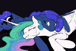 Size: 1280x853 | Tagged: safe, artist:silfoe, derpibooru import, princess celestia, princess luna, alicorn, pony, comforting, crying, eyes closed, female, mare, royal sketchbook, silfoe is trying to murder us, simple background, smiling