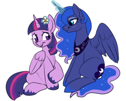 Size: 594x476 | Tagged: safe, artist:lulubell, derpibooru import, princess luna, twilight sparkle, twilight sparkle (alicorn), alicorn, pony, blushing, female, flower, lesbian, magic, mare, shipping, simple background, sitting, transparent background, twiluna