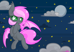 Size: 3000x2130 | Tagged: safe, artist:ashee, oc, oc only, oc:heartbeat, bat pony, pony, cute, female, filly, flying, moon, night, solo, stars, wingding eyes