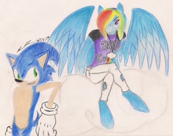 Size: 943x742 | Tagged: safe, artist:athrun2371, derpibooru import, rainbow dash, anthro, unguligrade anthro, crossover, ripped pants, sonic the hedgehog, sonic the hedgehog (series)