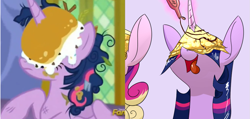 Size: 1033x490 | Tagged: safe, artist:underpable, derpibooru import, edit, princess cadance, twilight sparkle, twilight sparkle (alicorn), alicorn, pony, castle sweet castle, female, hilarious in hindsight, horn impalement, i'm pancake, magic, mare, open mouth, pancakes, smiling, telekinesis, tongue out