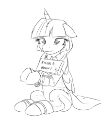 Size: 739x890 | Tagged: safe, artist:alasou, derpibooru import, twilight sparkle, twilight sparkle (alicorn), alicorn, pony, castle sweet castle, clothes, cuffs, female, floppy ears, mare, monochrome, pony shaming, prison outfit, shackles, shaming, sign, sketch, solo