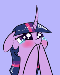 Size: 1024x1280 | Tagged: safe, artist:underpable, derpibooru import, twilight sparkle, twilight sparkle (alicorn), alicorn, pony, castle sweet castle, blushing, crying, curved horn, cute, derpin daily, female, floppy ears, mare, simple background, smiling, solo, tears of joy, underpable is trying to murder us