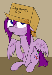 Size: 2056x2947 | Tagged: safe, artist:ampderg, oc, oc only, oc:silica tetrahedron, pegasus, pony, bad poner box, box, cute, floppy ears, frown, looking up, poner, raised hoof, sad, solo, spread wings