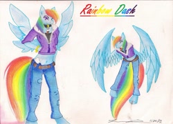 Size: 900x649 | Tagged: safe, artist:athrun2371, derpibooru import, rainbow dash, anthro, clothes, collar, hoodie, jeans, solo