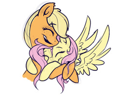 Size: 600x470 | Tagged: safe, artist:evehly, derpibooru import, applejack, fluttershy, earth pony, pegasus, pony, appleshy, duo, eyes closed, female, hatless, lesbian, missing accessory, shipping, simple background, white background