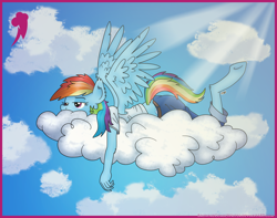 Size: 4768x3750 | Tagged: safe, artist:blackgryph0n, artist:greenlinzerd, derpibooru import, rainbow dash, anthro, pegasus, unguligrade anthro, absurd resolution, clothes, cloud, cloudy, dock, extra pony, fluffy, frown, midriff, morning ponies, morning wing, morning wood, prone, sleepy, solo, underhoof, wingboner