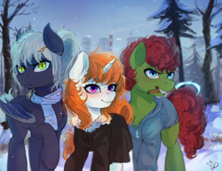 Size: 1280x984 | Tagged: safe, artist:asianpony, oc, oc only, bat, bat pony, earth pony, pony, unicorn, clothes, fanfic, fanfic art, festral, male, pencil, scarf, snow, snowfall, stallion, weapon, winter