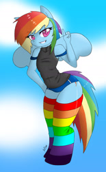 Size: 1024x1652 | Tagged: safe, artist:inkytentaclemonster, rainbow dash, anthro, unguligrade anthro, belly button, bra strap, breasts, clothes, cute, cutie mark, dashabetes, delicious flat chest, female, hips, rainbow socks, shirt, shorts, smirk, socks, solo, stockings, striped socks, thigh highs, wingding eyes