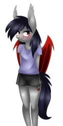 Size: 899x1794 | Tagged: safe, artist:scarlet-spectrum, oc, oc only, oc:scarlet spectrum, anthro, bat pony, blushing, clothes, cute, fangs, shorts, simple background, solo, transparent background