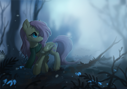 Size: 1200x838 | Tagged: safe, artist:hioshiru, derpibooru import, fluttershy, pegasus, pony, clothes, female, forest, mare, scarf, solo, walking