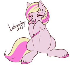 Size: 505x450 | Tagged: safe, artist:lulubell, derpibooru import, g3, belly, eyes closed, g3 to g4, generation leap, laughing, lolligiggle, open mouth, simple background, sitting, smiling, solo, transparent background, unshorn fetlocks