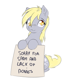 Size: 811x944 | Tagged: safe, artist:alasou, derpibooru import, derpy hooves, pegasus, pony, ear fluff, female, hoof hold, looking at you, mare, nose wrinkle, scrunchy face, sign, simple background, sitting, solo, spam, white background
