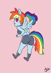 Size: 700x1000 | Tagged: safe, artist:juliethe, derpibooru import, rainbow dash, anthro, ass, human facial structure, solo