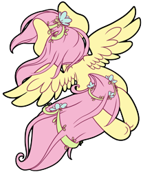 Size: 2783x3349 | Tagged: safe, artist:cutepencilcase, fluttershy, pegasus, pony, flower, flower in hair, flying, rear view, simple background, solo, spread wings, transparent background