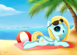 Size: 799x571 | Tagged: safe, artist:exceru-karina, oc, oc only, pegasus, pony, beach, beach ball, solo, sunglasses, water