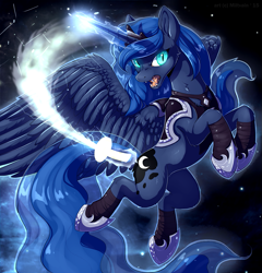 Size: 961x1001 | Tagged: safe, artist:hioshiru, derpibooru import, princess luna, alicorn, pony, fangs, magic, nightmare luna, solo, sword, warrior luna, weapon