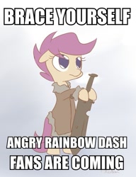 Size: 515x671 | Tagged: safe, artist:alasou, derpibooru import, rainbow dash, scootaloo, pegasus, pony, tanks for the memories, brace yourselves, game of thrones, image macro, meme